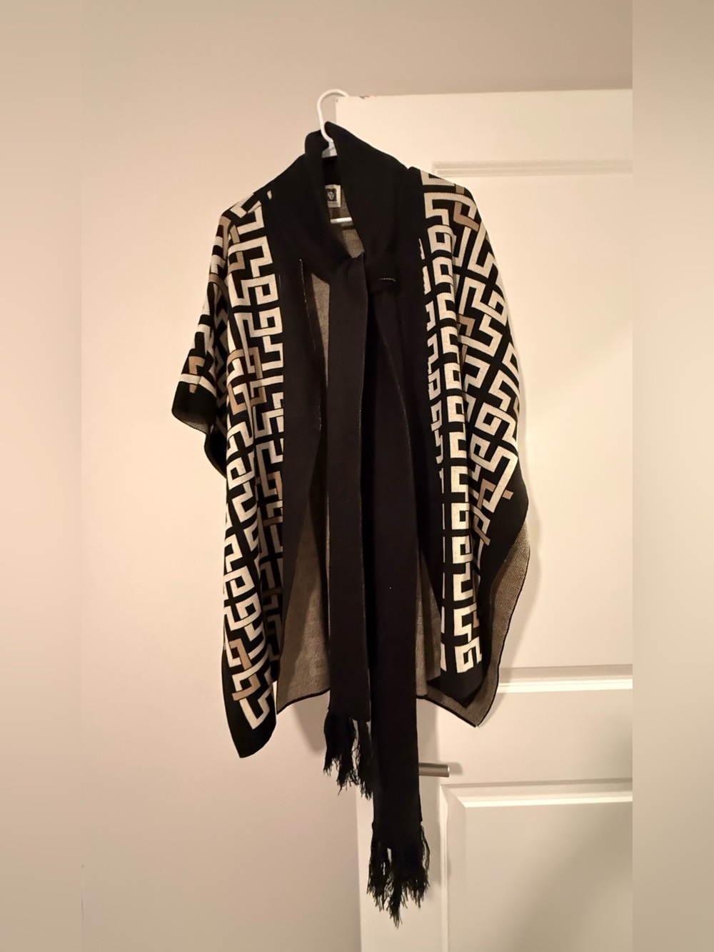 Anne Klein Black and Cream Geometric Knit Shawl Cape with Attached Scarf